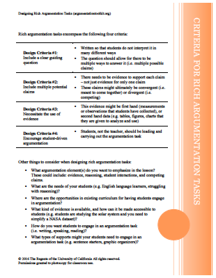 Criteria for Rich Argumentation Tasks Document