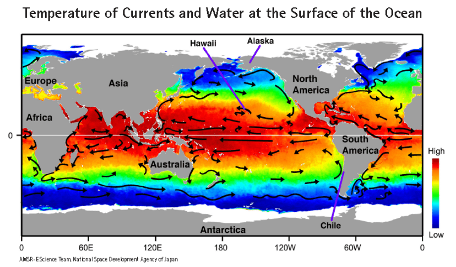 Temperature of Currents and Water at the Surface of the Ocean
